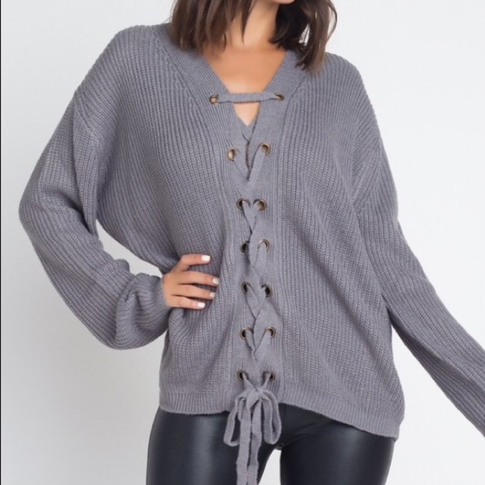 LAST 1 //  ‘LESLIE’ Gray Lace-Up Sweater